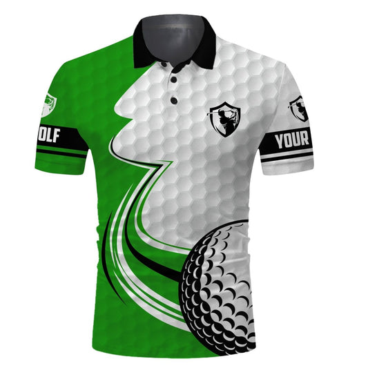 Personalisierte Golfgeschenke für Männer: Grünes & weißes Golfball Langarm UPF Golf Polo Shirt mit individuellem Namen N3485 - Climcat