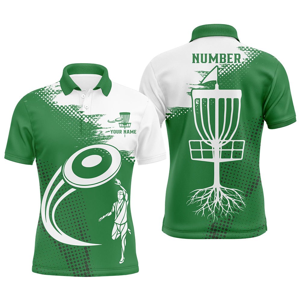 Personalisierte grüne und weiße Herren Golf Polo Shirts mit individuellem Namen und Nummer - Disc Golf Korb Trikots für Herren N7232 - Climcat