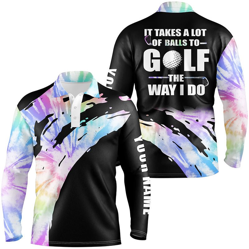 Personalisierte schwarze Herren Golf Poloshirts mit dem Spruch "Es braucht Mut, Golf zu spielen, wie ich es tue" | Tie Dye N7012 - Climcat