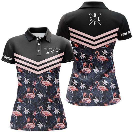 Personalisierter Damen Golf Polo Shirt mit tropischem Blatt- und Flamingo-Muster N4111 - Climcat