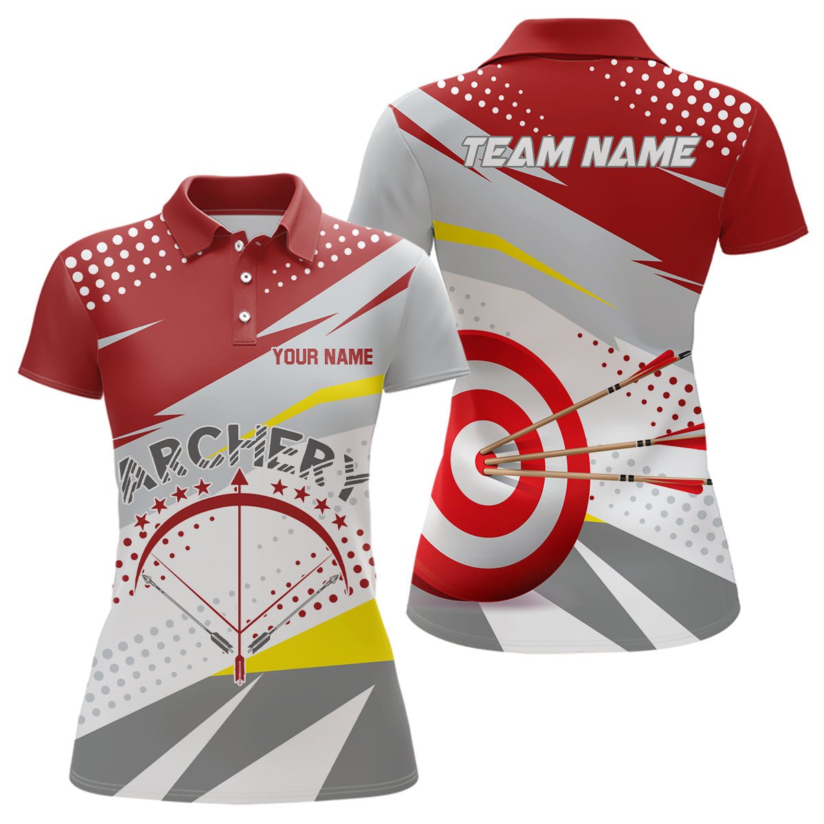 Personalisiertes 3D - Bogenschießen Poloshirt Grau - Rot Unisex Teamshirt V0789 - Climcat