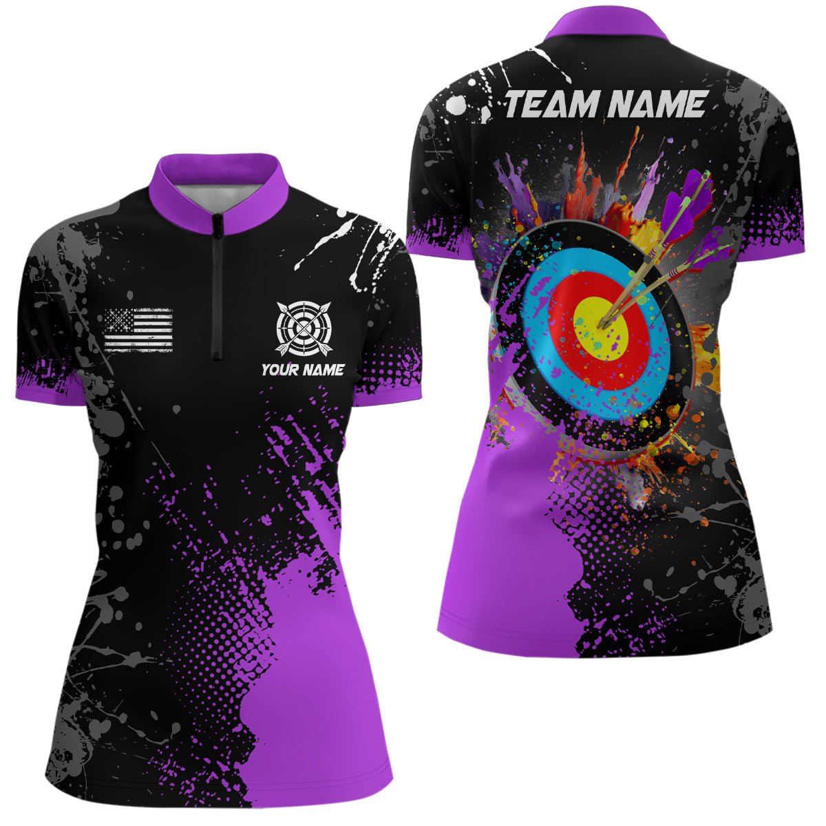 Personalisiertes Bogenschießen Polo Shirt Unisex mit Wunschname - Lila Farbklecks & 3D Zielscheibe Motiv T1190 - Climcat