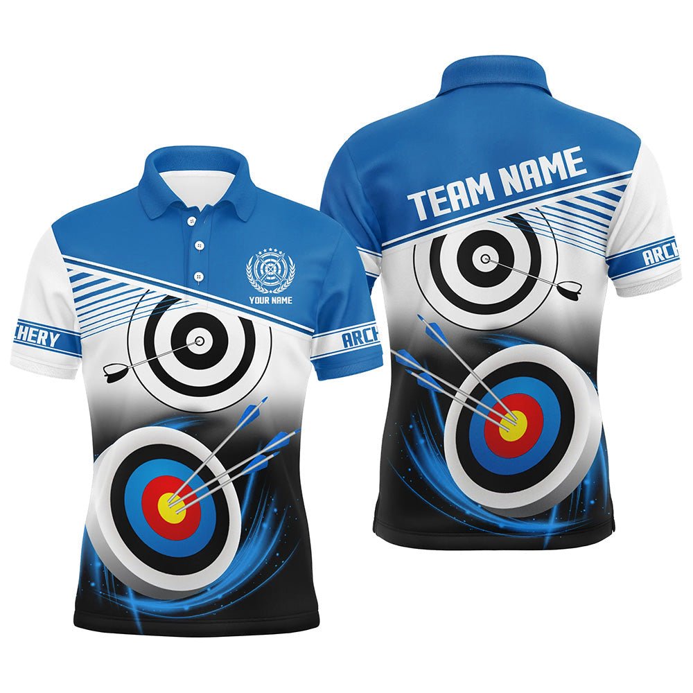 Personalisiertes Bogenschießen Poloshirt für Herren & Damen mit Namen und blauem 3D - Ziel Motiv T0529 - Climcat