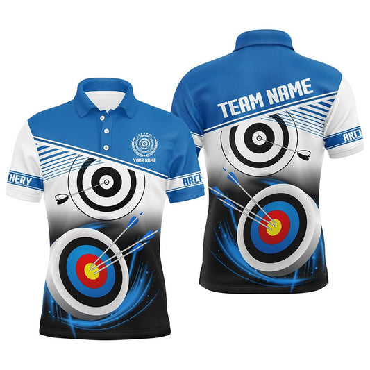 Personalisiertes Bogenschießen Poloshirt für Herren & Damen mit Namen und blauem 3D - Ziel Motiv T0529 - Climcat