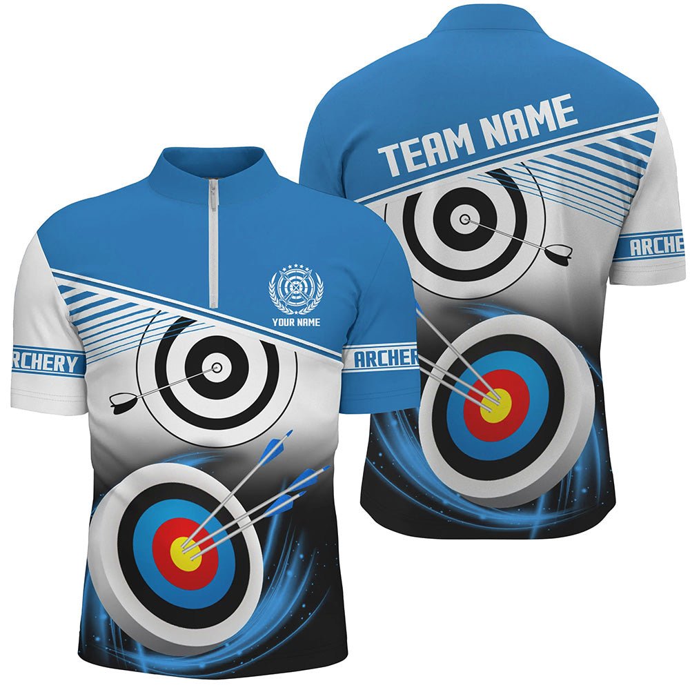 Personalisiertes Bogenschießen Poloshirt für Herren & Damen mit Namen und blauem 3D - Ziel Motiv T0529 - Climcat