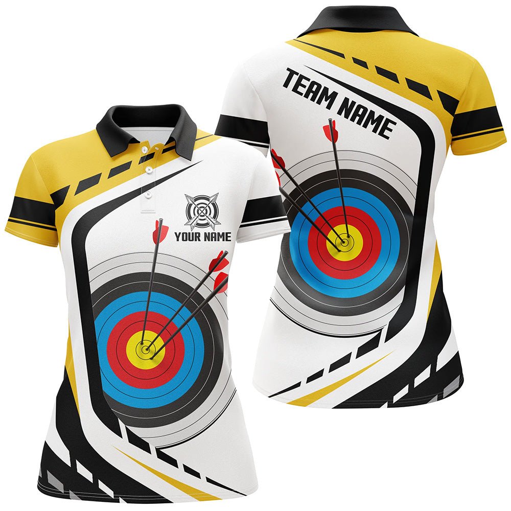 Personalisiertes Bogensport Polo Shirt & Oberteil mit Reißverschluss für Herren & Damen - 3D Bogenscheibe Gelb Weiß Design - Trikot T1910 - Climcat