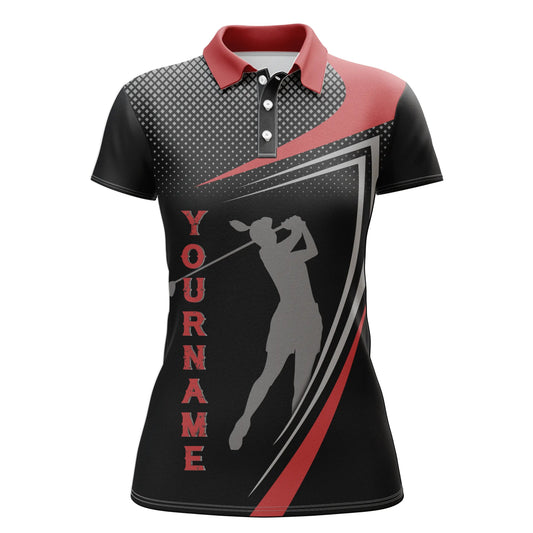 Personalisiertes rotes und schwarzes Sport-Golf-Custom-Poloshirt, Golfer-Silhouette, bestes Golfer-Shirt für Frauen. N4650 - Climcat