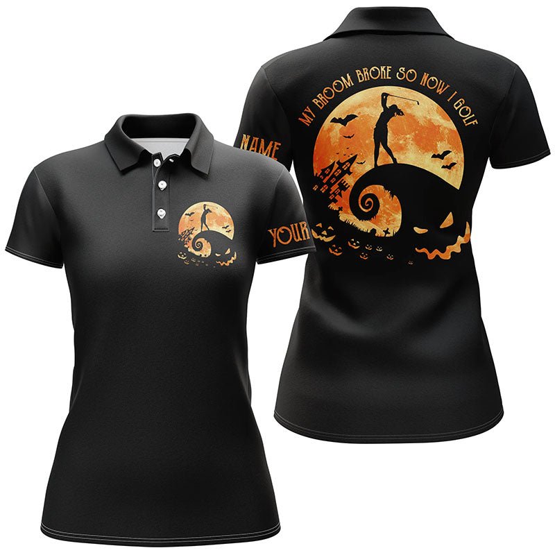 Personalisiertes schwarzes Halloween Golfshirt für Frauen - Lustiges Golf Polo Shirt mit dem Spruch "Mein Besen ist kaputt, jetzt spiele ich Golf" N3979 - Climcat