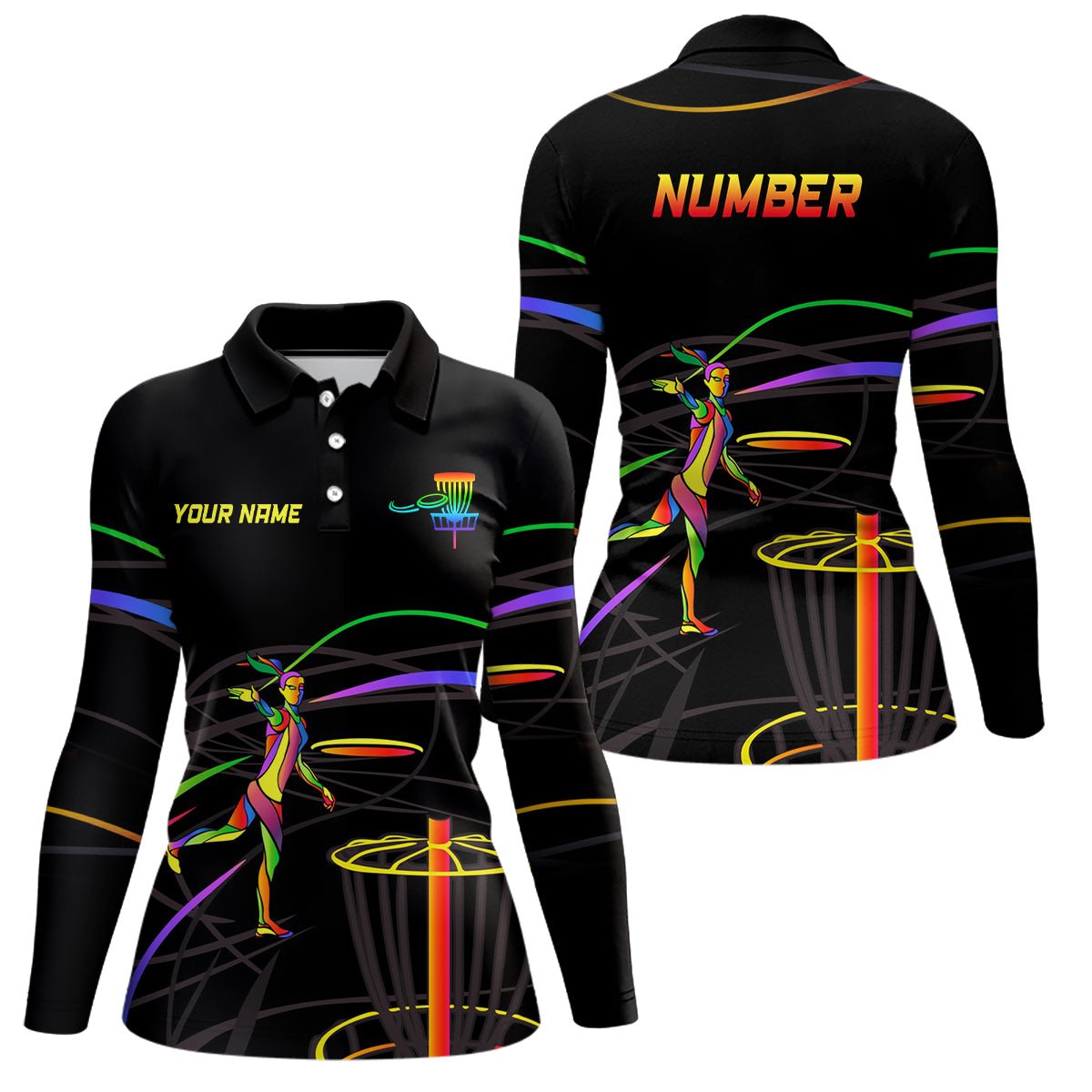 Regenbogen Damen Disc Golf Polo Shirt Personalisierte Disc Golf Tops mit individueller Nummer und Disc Golf Korb L1014 - Climcat