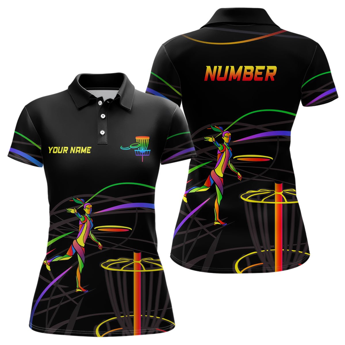 Regenbogen Damen Disc Golf Polo Shirt Personalisierte Disc Golf Tops mit individueller Nummer und Disc Golf Korb L1014 - Climcat