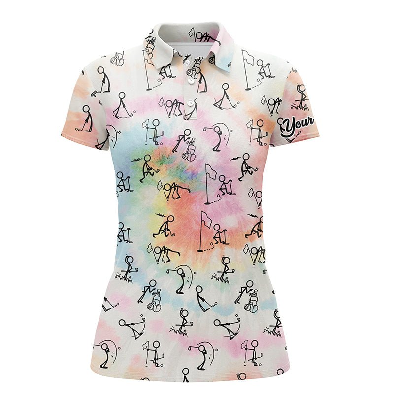 Regenbogen Tie Dye Stickfiguren spielen Golf Polo Shirt | Maßgeschneiderte Golfshirts für Frauen | Golfgeschenke L1045 - Climcat