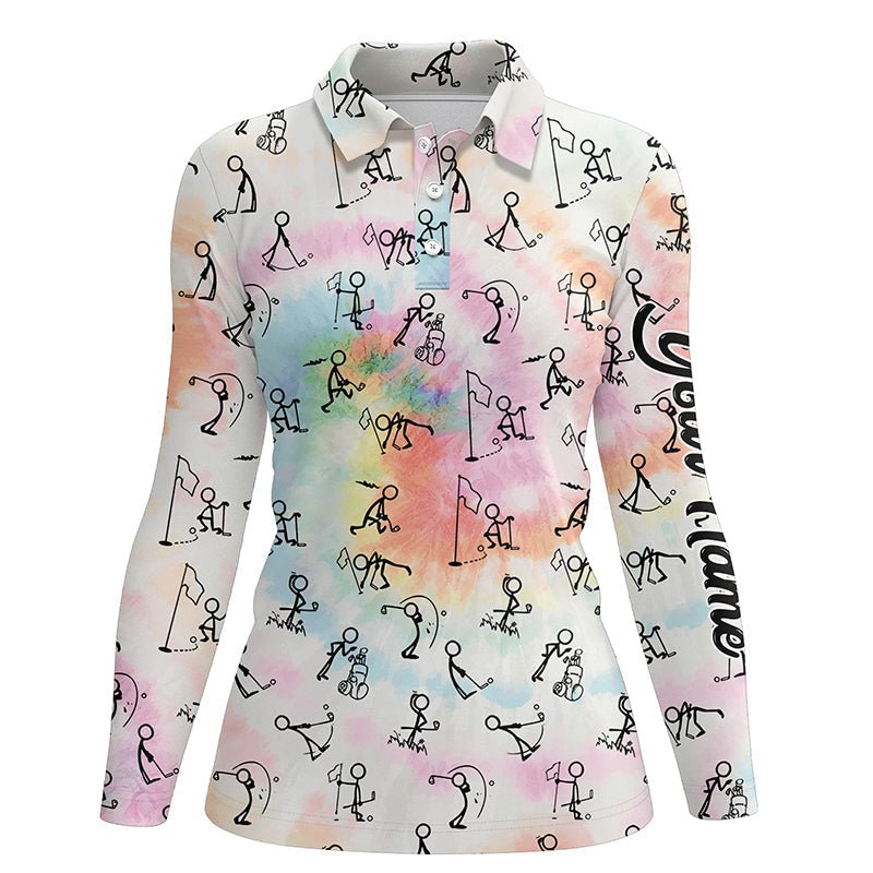 Regenbogen Tie Dye Stickfiguren spielen Golf Polo Shirt | Maßgeschneiderte Golfshirts für Frauen | Golfgeschenke L1045 - Climcat