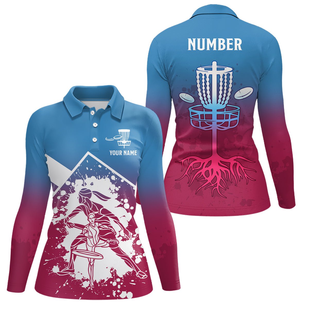 Rosa Blaue Silhouette Damen Disc Golf Polos Maßgeschneidertes Disc Golf Korb Shirt Disc Golf Trikot L1013 - Climcat