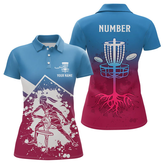 Rosa Blaue Silhouette Damen Disc Golf Polos Maßgeschneidertes Disc Golf Korb Shirt Disc Golf Trikot L1013 - Climcat