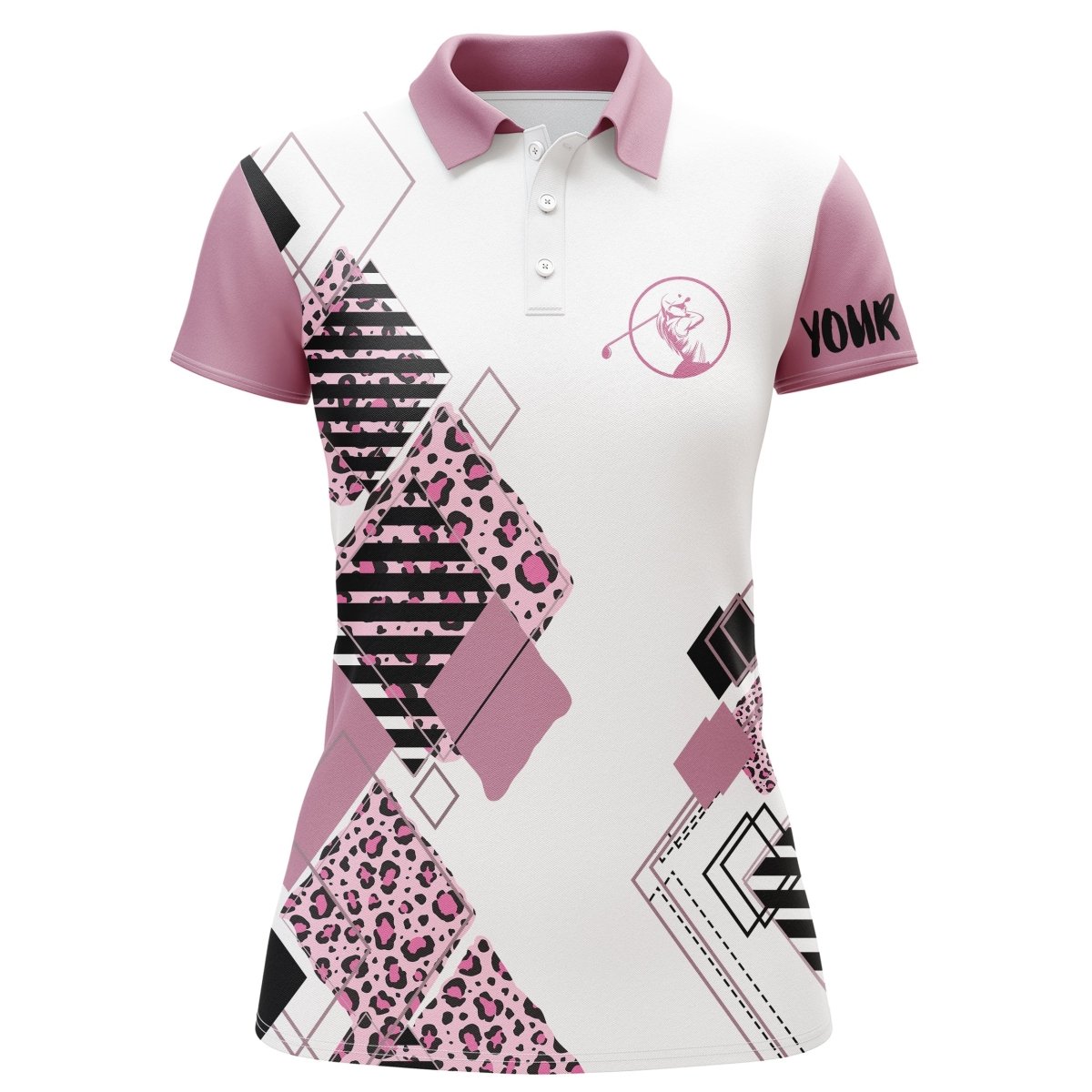 Rosa Damen Golf Polo Shirt mit weißem Leopardenmuster und individuellem Namen - Golfgeschenk für Frauen N3628 - Climcat