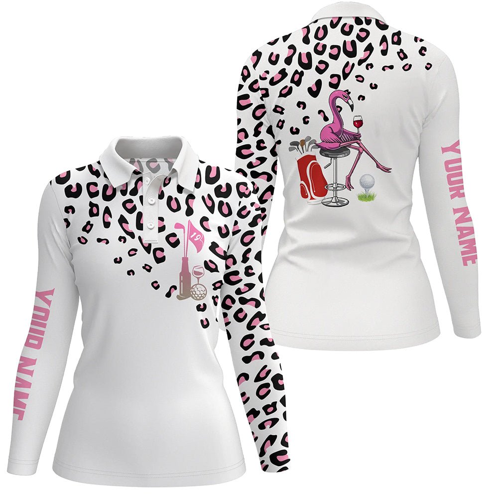 Rosa Leoparden Damen Golf Polo Shirt | Maßgeschneidertes Weißes Damen Golfoberteil | Lustige Flamingo Golf Weinshirts N5885 - Climcat