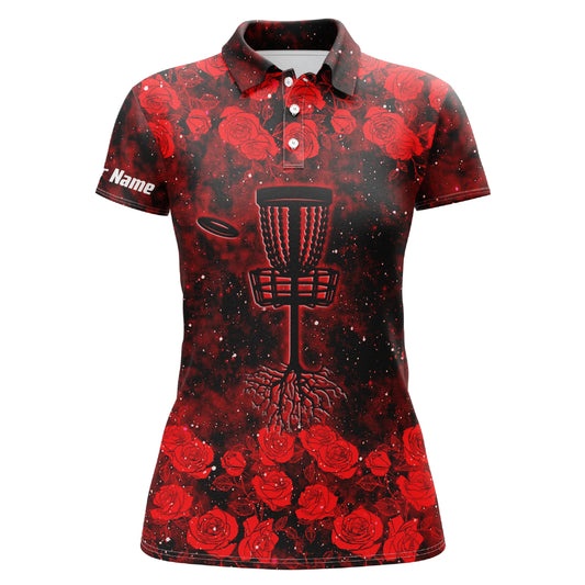 Rote Rosenmuster Disc Golf Korb Damen Polo Shirts individuelle Disc Golf Polo Shirts für Frauen N4679 - Climcat