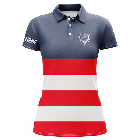 Rote, weiße und blaue gestreifte Damen Golf Poloshirts mit individuellem Namen, patriotische Damen Golfbekleidung N7135 - Climcat