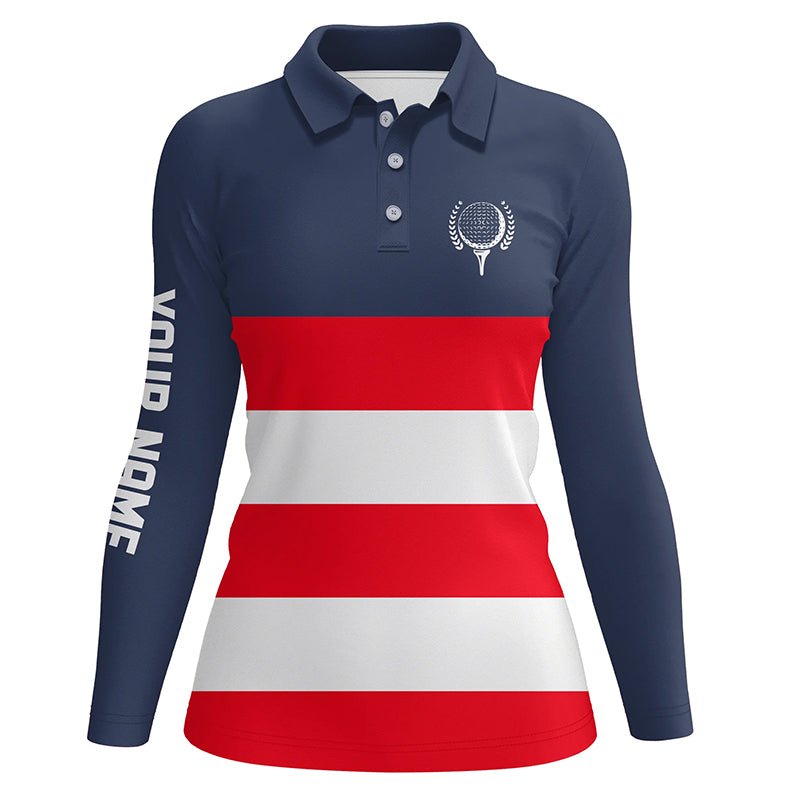 Rote, weiße und blaue gestreifte Damen Golf Poloshirts mit individuellem Namen, patriotische Damen Golfbekleidung N7135 - Climcat