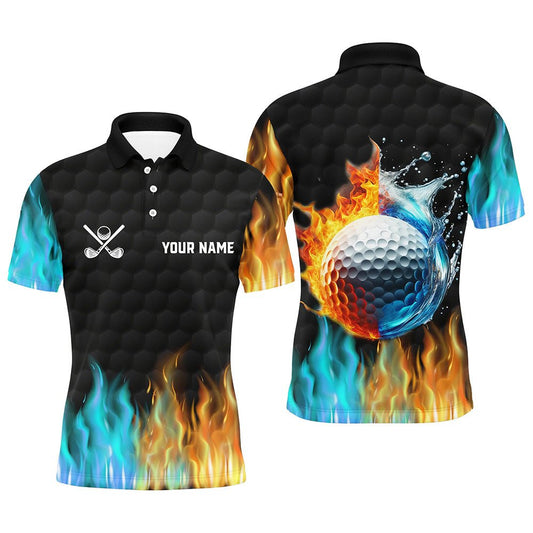 Schwarz Herren Golf Polo Shirt mit Feuer- und Wasser-Golfball-Motiv, individuelle Golfbekleidung für Männer, Golfgeschenke N7226 - Climcat