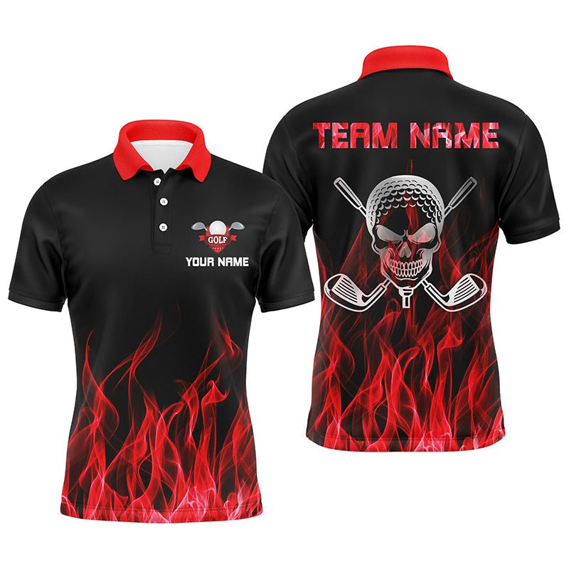 Schwarze Herren Golf Polo Shirts mit individuellem rotem Flammenschädel Golfschläger, personalisierte Golfgeschenke für Männer N6258 - Climcat