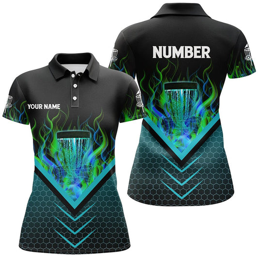 Schwarze und grüne Feuer Damen Disc Golf Polo Shirts individuelle Flamme Disc Golf Korb Trikots N7337 - Climcat