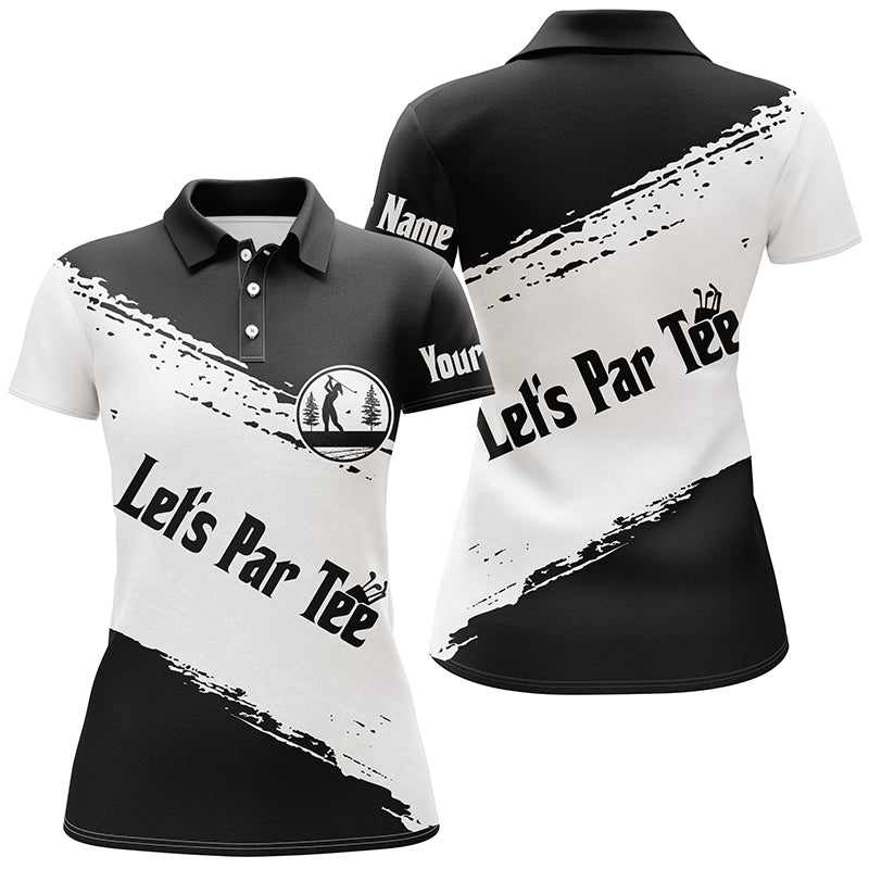 Schwarze und weiße Damen Golf Polo Shirts mit individuellem Namen - Golf Tops für Frauen "Let's Par Tee" N5454 - Climcat