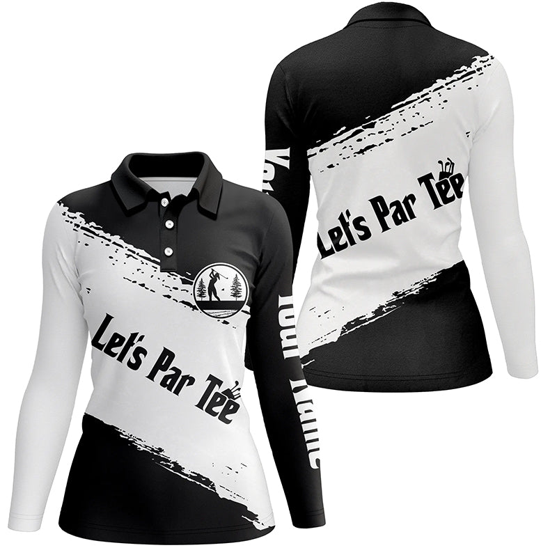 Schwarze und weiße Damen Golf Polo Shirts mit individuellem Namen - Golf Tops für Frauen "Let's Par Tee" N5454 - Climcat