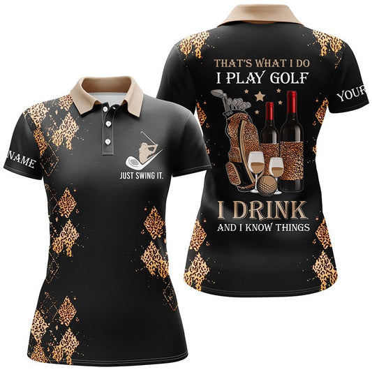 Schwarzer Leoparden Damen Golf Polo Shirt mit individuellem Namen, lustigem Golf- und Weinmotiv: Golfen ist mein Ding! N4497 - Climcat