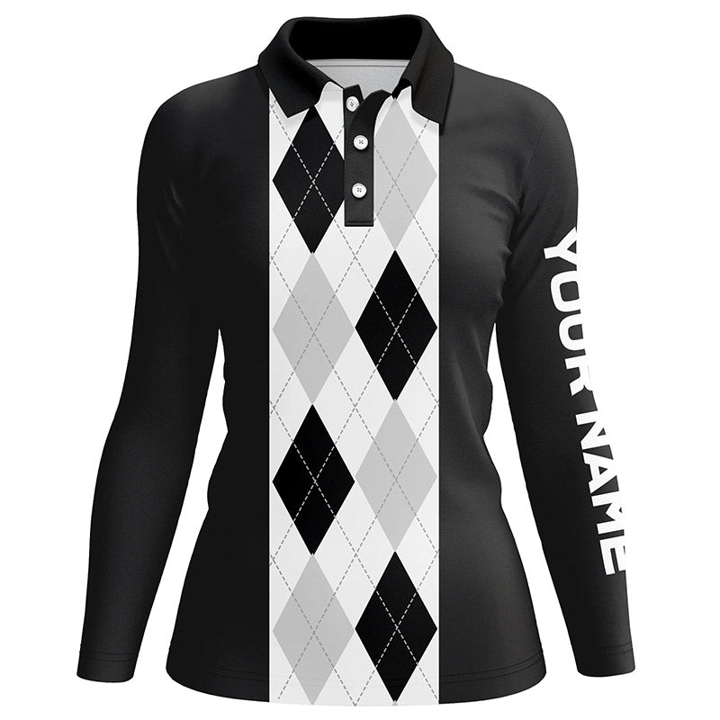 Schwarzes Argyle-Karo-Muster Damen Golf Polo Shirt | Maßgeschneiderte Damen Golf Polos | Golf-Geschenke | Professionell gestaltet N7192 - Climcat