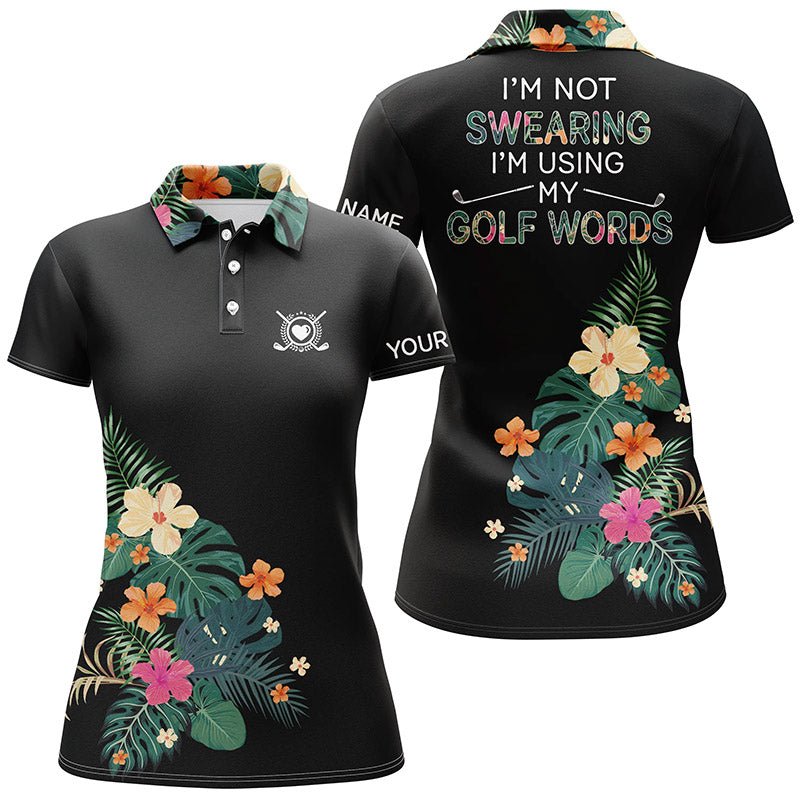 Schwarzes Damen Golf Polo Shirt mit individuellem Namen - Ich fluche nicht, ich benutze meine Golfwörter - Tropische Pflanzen N4386 - Climcat