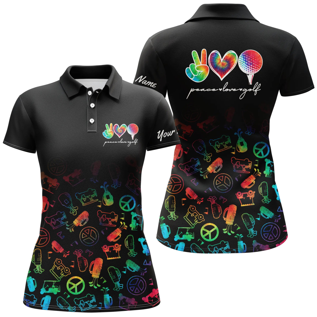 Schwarzes Damen Golf Polo Shirt mit individuellem Namen, Wasserfarbe Frieden Liebe Golf, personalisiertes Golfshirt für Frauen N4906 - Climcat