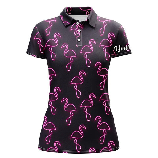 Schwarzes Damen Golf Polo Shirt mit Neon Pink Flamingo Muster - Personalisierter Team Golf Polo Shirt N4951 - Climcat