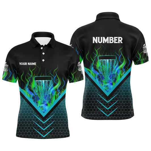 Schwarzes und grünes Feuer Herren Disc Golf Polo Shirt mit individuellem Flammen-Design, Disc Golf Korb Trikot, Disc Golf Shirt N7337 - Climcat