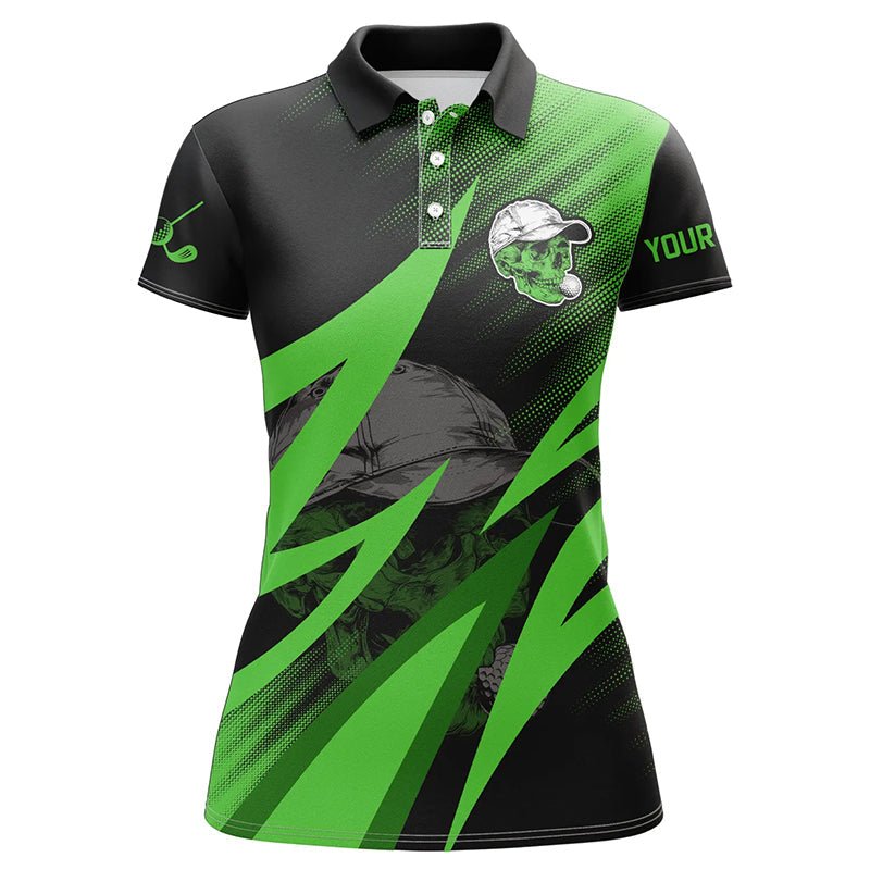 Schwarzes und grünes Golf-Schädel Damen Golf Polo Shirt, individuelle Golf-Outfits für Damen, coole Golf-Geschenke N7463 - Climcat