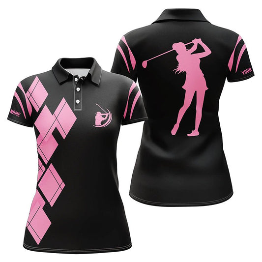 Schwarzes und pinkes Argyle-Muster Damen Golf Polo Shirt maßgeschneidertes Damen Golfshirt für Frauen N7401 - Climcat