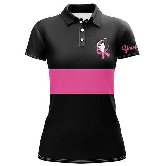 Schwarzes und pinkfarbenes Brustkrebs-Bewusstseins-Custom-Damen-Golf-Poloshirt mit pinkfarbener Schleife N6293 - Climcat