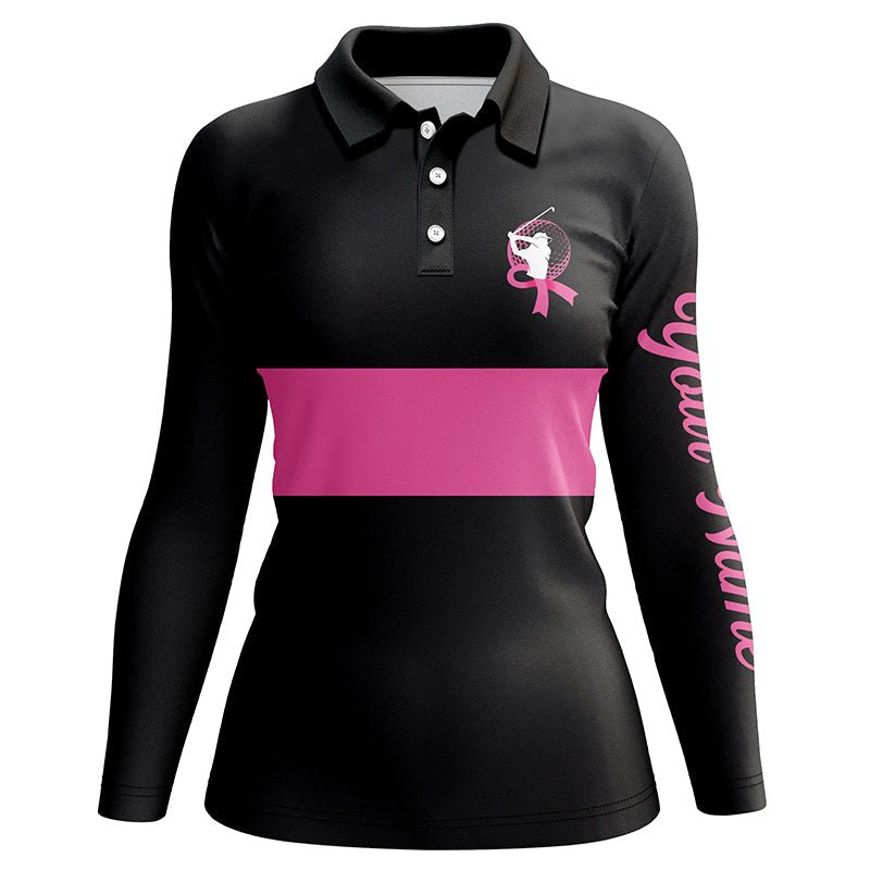 Schwarzes und pinkfarbenes Brustkrebs-Bewusstseins-Custom-Damen-Golf-Poloshirt mit pinkfarbener Schleife N6293 - Climcat