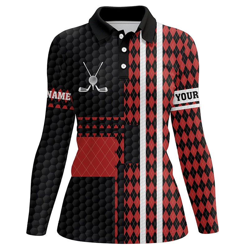 Schwarzes und rotes Argyle-Muster Damen Golf Polo Shirt personalisiertes Golfgeschenk, Damen Golfoberteil N7089 - Climcat