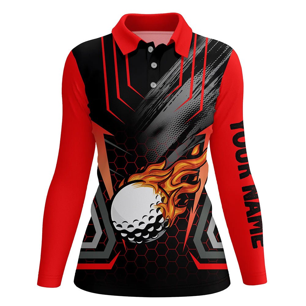 Schwarzes und rotes Golfballfeuer Damen Golf Polo Shirt personalisierte Golfgeschenke, Damen Golf Tops - Mit Ihrem Namen N7087 - Climcat