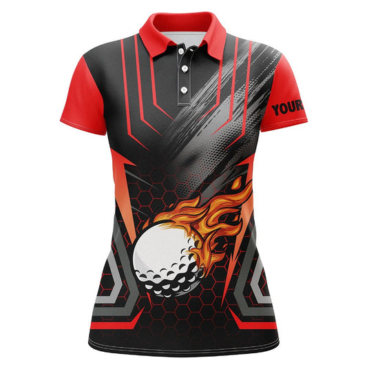 Schwarzes und rotes Golfballfeuer Damen Golf Polo Shirt personalisierte Golfgeschenke, Damen Golf Tops - Mit Ihrem Namen N7087 - Climcat