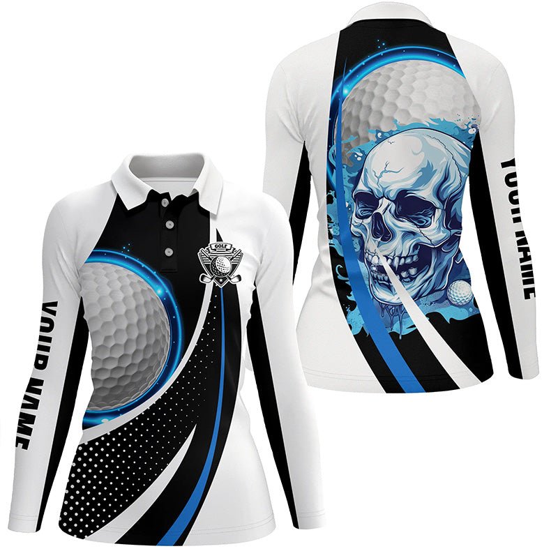 Schwarzes und weißes Golf Skull Damen Golf Polo Shirt - Maßgeschneiderte Golfbekleidung für Damen, Geschenk für Golferinnen N7484 - Climcat