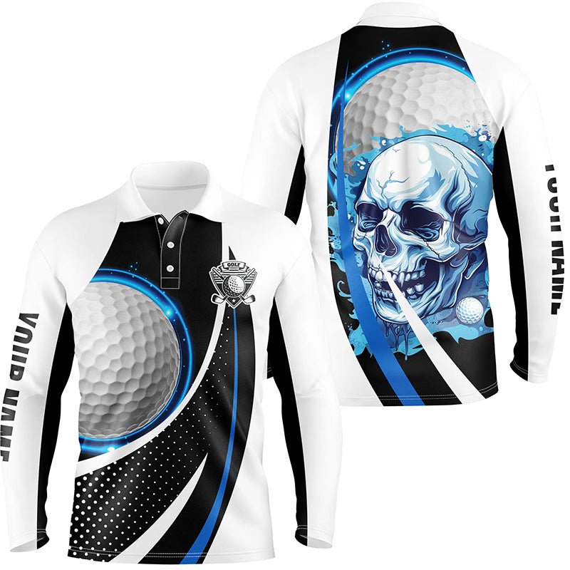 Schwarzes und weißes Golf Skull Herren Golf Polo Shirt, maßgeschneiderte Golfbekleidung für Männer, Geschenke für Golfer | Blau N7484 - Climcat