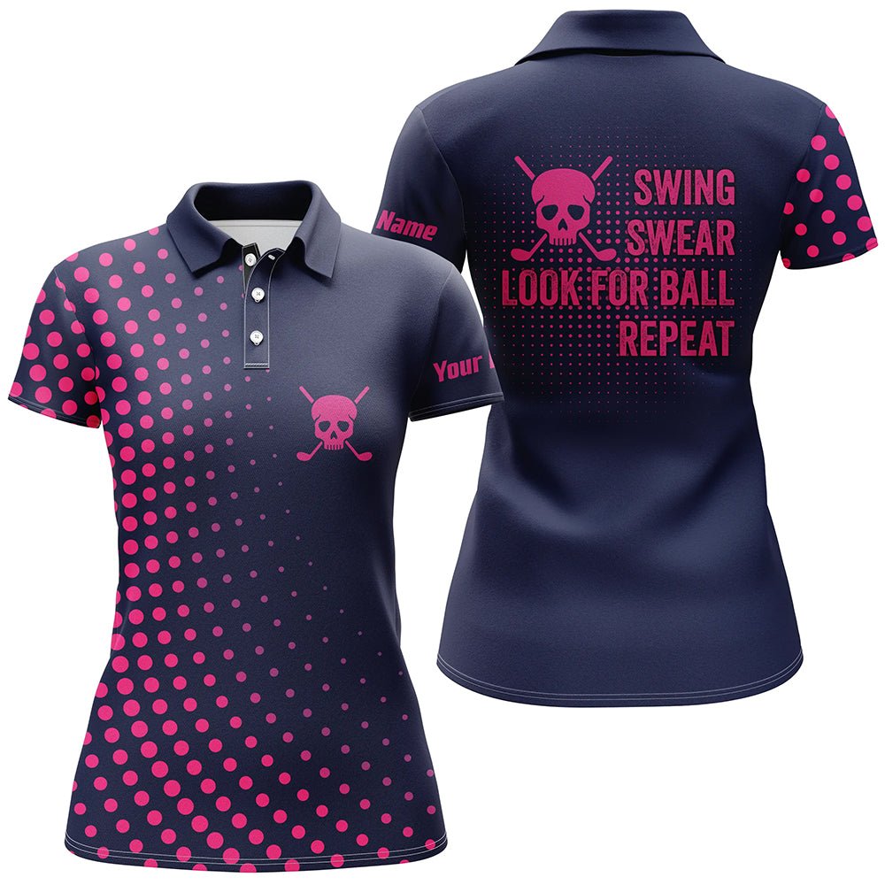 Stilvolles Damen Golf Polo Shirt mit individuellem Design, lustigem Schwungmuster, pinkem Totenkopf - Golfshirt für einen unverwechselbaren Look auf dem Golfplatz N5714 - Climcat