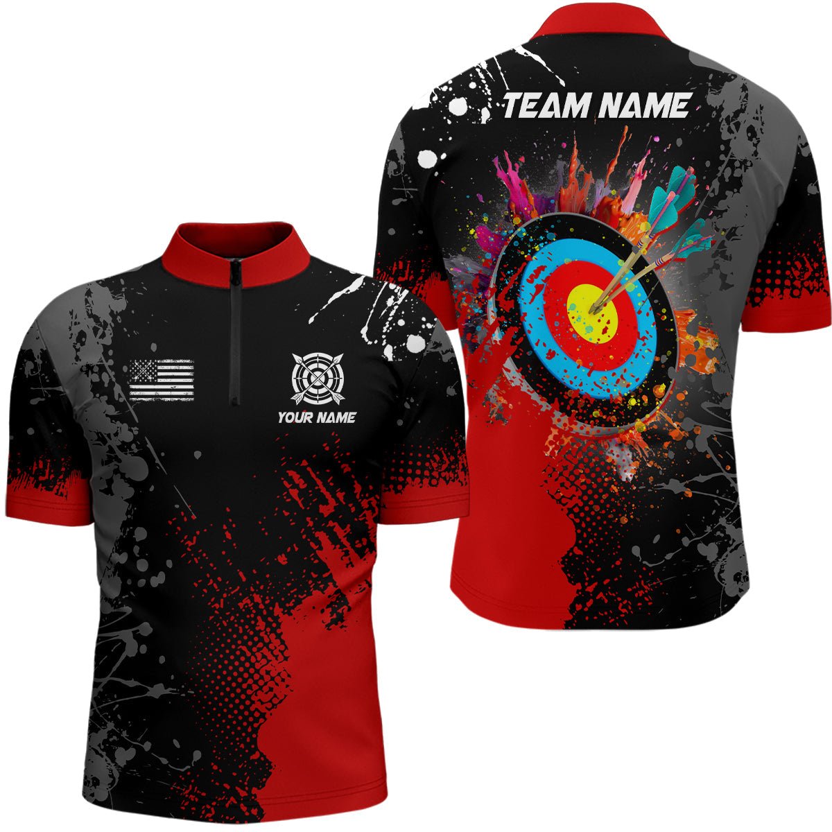 Unisex Bogenschießen Poloshirt Personalisiert mit Wunschname und roter 3D Zielscheibe T1101 - Climcat