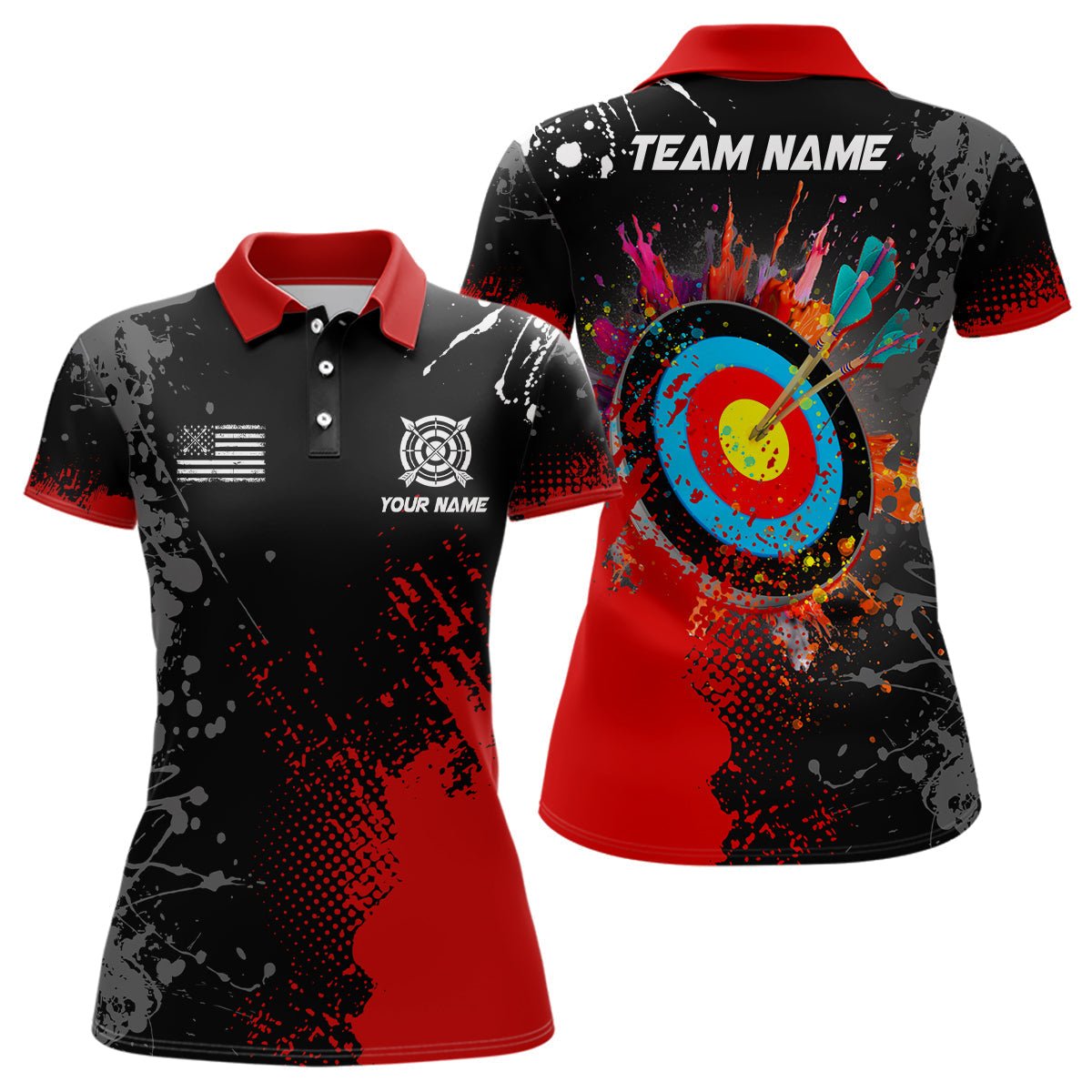 Unisex Bogenschießen Poloshirt Personalisiert mit Wunschname und roter 3D Zielscheibe T1101 - Climcat
