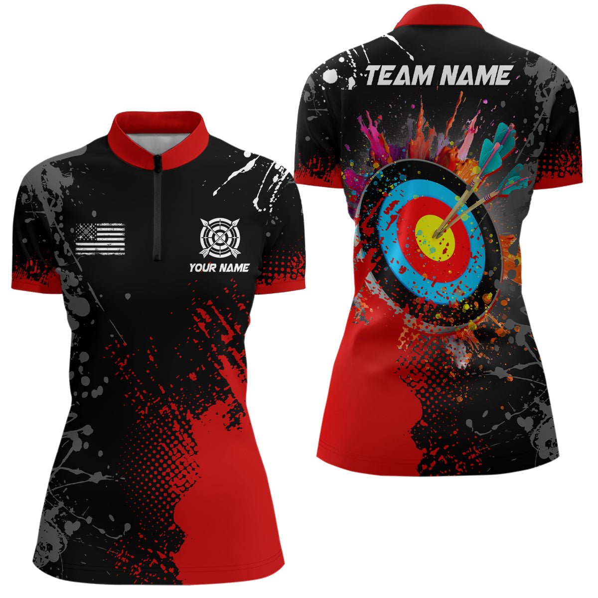 Unisex Bogenschießen Poloshirt Personalisiert mit Wunschname und roter 3D Zielscheibe T1101 - Climcat