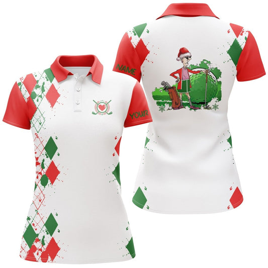 Weihnachtliches Argyle-Muster Damen Golf Polo Shirt Weiß | Personalisierte Weihnachts-Golfgeschenke für Oma N4149 - Climcat