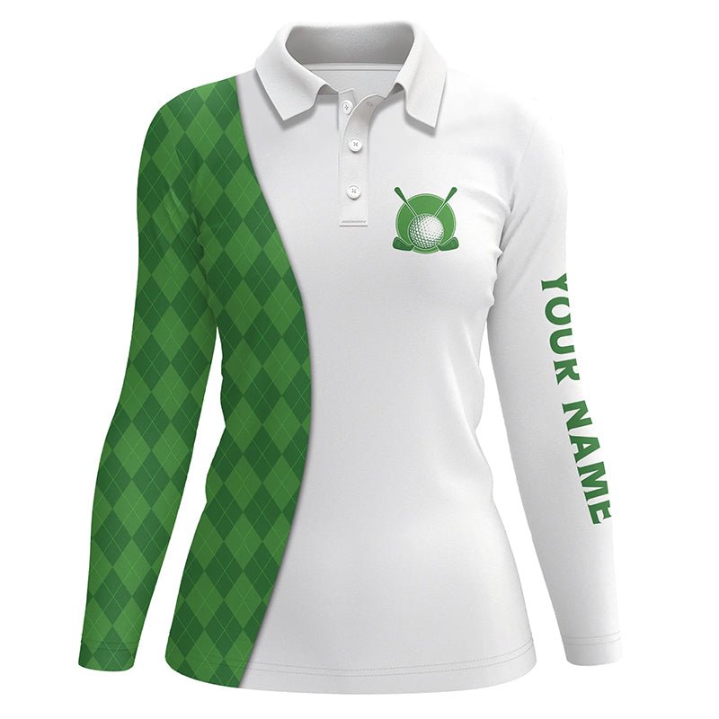 Weißes Damen Golf Polo Shirt mit individuellem grünem Argyle-Karomuster, Golfoberteile für Damen N7291 - Climcat