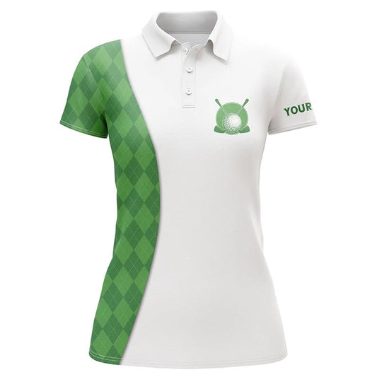 Weißes Damen Golf Polo Shirt mit individuellem grünem Argyle-Karomuster, Golfoberteile für Damen N7291 - Climcat